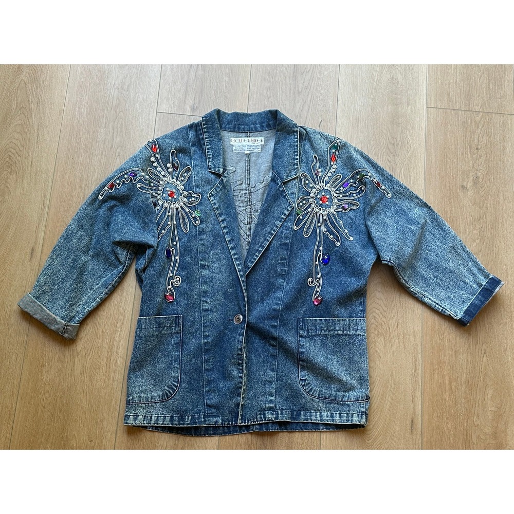 Vintage Golden River Denim Jacket Embellished Rhinestone Acid Wash 80s Costume